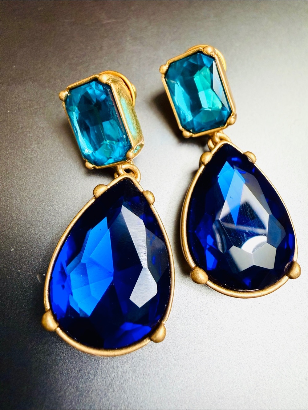 Oscar de la Renta Crystal Drop Earrings Royal Blue & Teal Dangle Drop✨Signed
